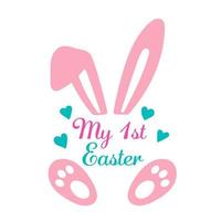 My first Easter vector design with bunny ears and hearts. Number with rabbit. Easter quote for baby. Vector illustration greeting card template isolated on white