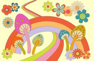 maravilloso cartel de los años 70. estampado retro con elementos hippies. paisaje psicodélico de dibujos animados con flores margaritas, arco iris y champiñones vector