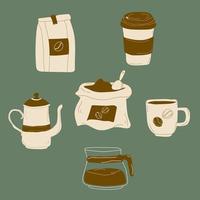 Isolated coffee elements set.   kettle, cup, packaging with coffee, bag of coffee beans, glass coffee pot. Collection for menu, coffee shop. Hand drawn modern Vector illustration .