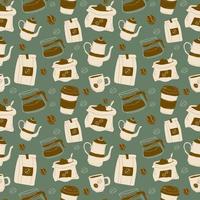 Seamless pattern with coffee elements set. Kettle, cup, packaging with coffee, bag of coffee beans, glass coffee pot. vector