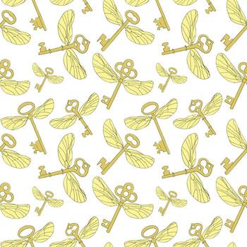 Seamless pattern with magic keys with wings. Vector. vector