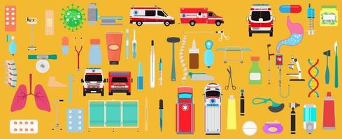 Medical set health icon and medicine care symbol. Ambulance syringe doctor sign and hospital design vector illustration. First aid emergency healthcare collection and clinic treatment element service