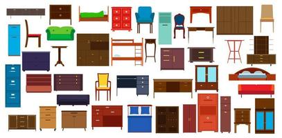 diseño de conjuntos de iconos de muebles para la colección de símbolos de interiores y habitaciones. ilustración de vector de elemento de oficina y estilo de objeto de apartamento de gabinete. cómodo cartel y silla de lujo, mesa, sofá, armario