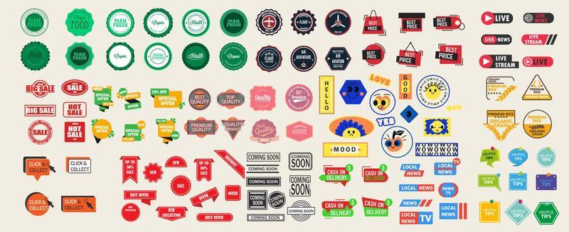 Badge set symbol element design icon and label quality emblem. Sticker premium business banner vector illustration. Guarantee seal stamp and insignia award. Sale frame product collection and commerce