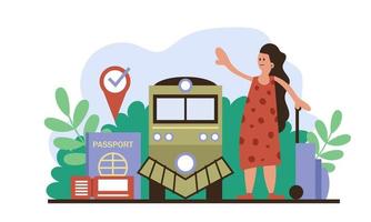 Railway booking train and business woman travel banner. Family vacation and tourism ticket service vector illustration. Rail holiday and transportation journey. Passenger purchase tour and boarding