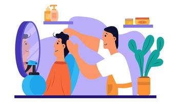 Hairdresser doing hair business fashion banner. Hair work and character hairstyle and haircut vector illustration. Barber salon and hairdressing for client man. Cartoon barbershop hairstylist mirror
