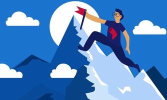 Success mountain goal with flag and man. Businessman achieve top hill and career climber vector illustration. Leadership finance challenge and target business freedom for peak. Motivation growth