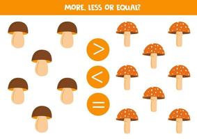 More, less, equal with hand drawn forest mushrooms. vector