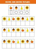 Decode and encode pictures. Write the symbols under cute autumn elements. vector