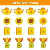 Find autumn element which is different from others. Worksheet for kids. vector