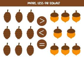 More, less, equal with pine cones and acorns. vector