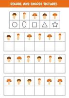 Decode and encode pictures. Write the symbols under cute mushrooms. vector