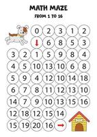 Get cute dog to the dog house by counting to 16. vector