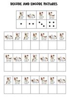 Decode and encode pictures. Write the symbols under cute puppies. vector