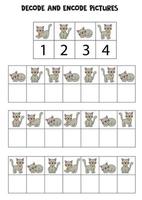 Decode and encode pictures. Write the symbols under cute gray cats. vector