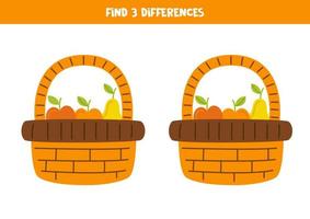 encuentra tres diferencias entre dos canastas con frutas. vector