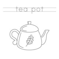 Trace the letters and color autumn tea pot. Handwriting practice for kids. vector