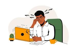 Young african american guy is working on a Laptop. Tired character. Concept of Eye Health while Working at the computer. Flat graphics, vector illustration.