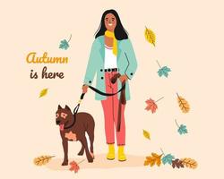 Girl walking with Dog in Autumn. Autumn is here, outdoor activity concept. Flat vector illustration.