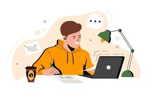 el tipo sonriente está estudiando en casa con una computadora portátil. concepto de aprendizaje en línea en casa. se puede usar para la página de destino del sitio web educativo, personajes de estudiantes. ilustración vectorial plana. vector