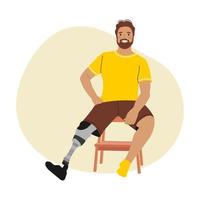 Smiling special male sitting on a chair. People Prosthesis, Amputation, Inclusion. Vector illustration.