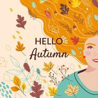 Postcard design with a young red-haired beautiful Girl and the inscription Hello Autumn. Enjoy the Fall concept. Vector illustration in flat style.