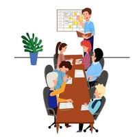 The concept of a working meeting of colleagues at the table. People s report on the topic of planning and problem solving. vector