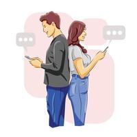 Man and Woman standing holding phone chatting messaging each others vector