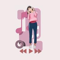 young girl listening to music earphone and dancing with purple dress vector