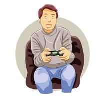 Man excited hold controller playing video game console vector