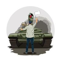 hacer la paz, no la guerra detener la violencia poner fin a la guerra ilustración hombre detener un tanque vector