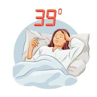 Woman burning up fever temperature bed rest need medical attention felling weak sick unmotivated vector