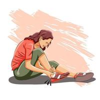 Fitness woman hurt angle while jogging crying desperately unable to move laying on ground vector