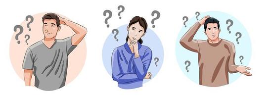 set of man and woman in guessing pose thinking guessing with question mark vector