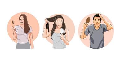 Set of man and woman worried losing more hair while holding comb, surprise gasping vector