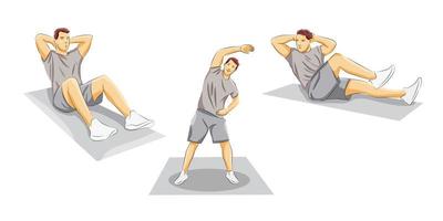 Set of man doing exercise stretching muscle vector