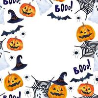 Watercolor hand drawn halloween frame background with pumpkins, spiders, ghosts for napkins and decorations vector