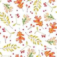 Watercolor autumn seamless pattern with hand drawn colorful leaves fall and red berries for textile, phone cases and other decorations vector