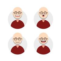 Flat bald old elder man male with grey beard and mustache expression avatar set vector