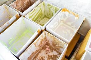 Boxes of various flavor ice cream in the freezer which had sold out and empty, soft and selective focus. photo