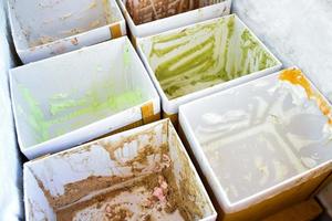 Boxes of various flavor ice cream in the freezer which had sold out and empty, soft and selective focus. photo