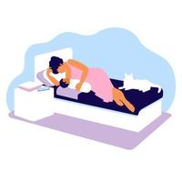 Woman with newborn baby alone at home with child. The first days of the postpartum period. Lying breastfeeding position. vector