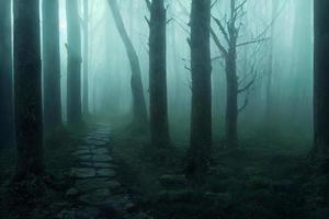 Landscape of haunted mist forest with pathway dark background, creepy and scary concept, 3d rendering