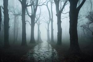 paisaje de bosque embrujado de niebla con fondo oscuro de camino, concepto aterrador de ficción de halloween, representación 3d foto