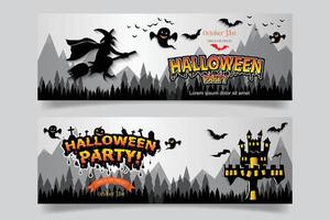 banner con calabaza de halloween y castillo embrujado y murciélago. vector