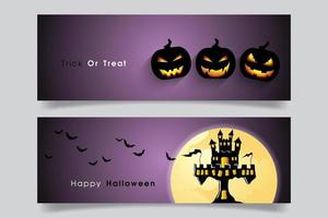 Banner set with Halloween pumpkin and haunted castle and bat. vector