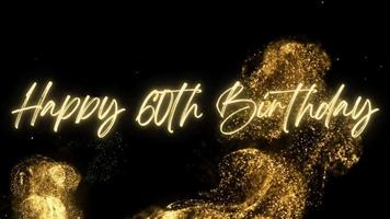 Animación de texto de feliz cumpleaños de 4k. bucle animado de celebración de cumpleaños número 60 feliz con texto dorado. fondo bokeh negro y dorado. Adecuado para fiestas de cumpleaños y celebraciones. video