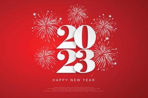 Happy New Year 2023 number design for posters, brochures, banners, websites, on red backgrounds and fireworks. Vector illustration