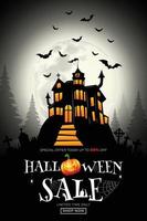 Halloween 50 off Sale Promotion Poster or banner with Halloween Pumpkin and haunted castle, bats,grave. on white background. Vector illustration