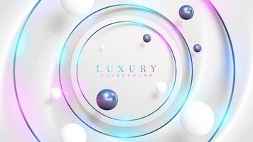 White luxury background with rainbow circle frame with ball decoration and sparkling light effect element. vector